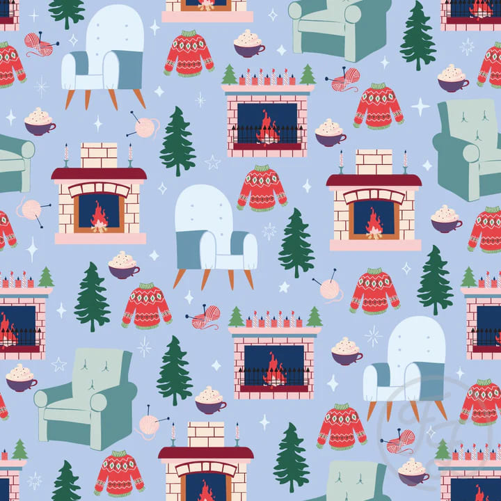 Cozy Cabin And Fireplace In Light Blue Grey
