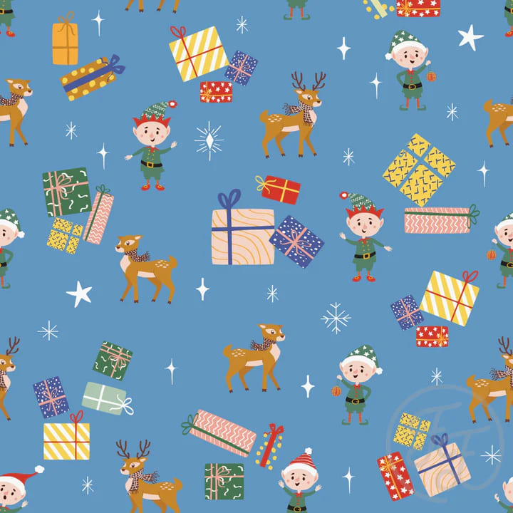 Elves, Presents and Reindeers In Celestial Blue