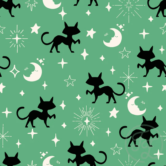 Black Cats Moon And Stars In Dusty Green