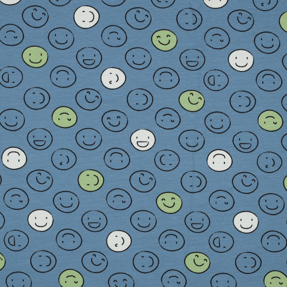 Jersey Glow in the Dark Smileys - Denim - GOTS Certified Organic