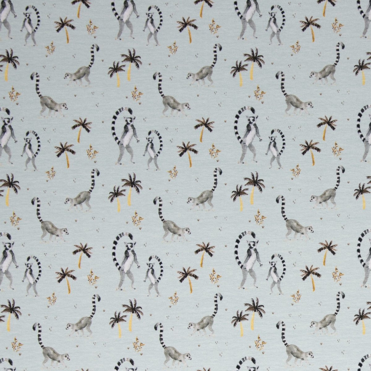Animals by Christiane Zielinski, Cotton Jersey, Lemurs, Palms, light blue - Fabric - Bibs And Boots Fabric