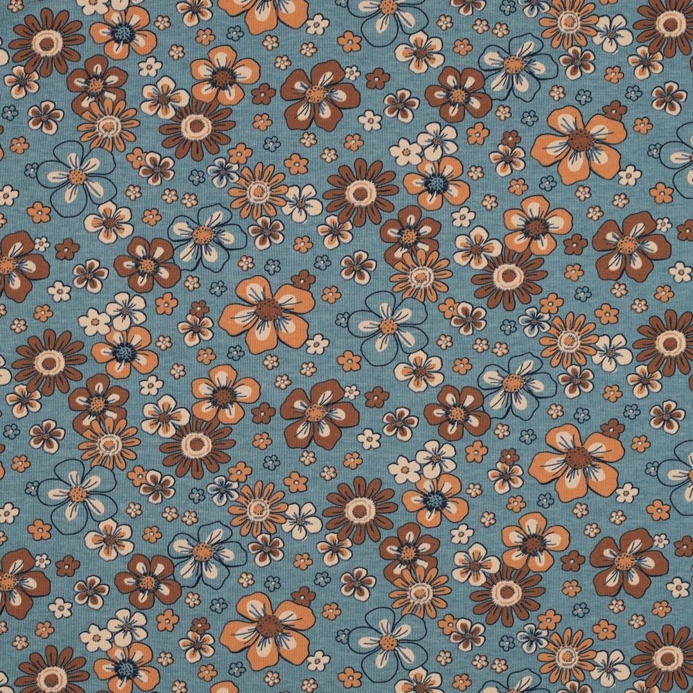 Poppy Melange Flowers Smoke Blue Jersey GOTS Certified Organic - Fabric - Bibs And Boots Fabric