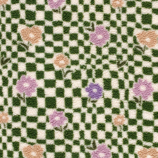 Sherpa Fleece fabric printed Flowers Olive Green