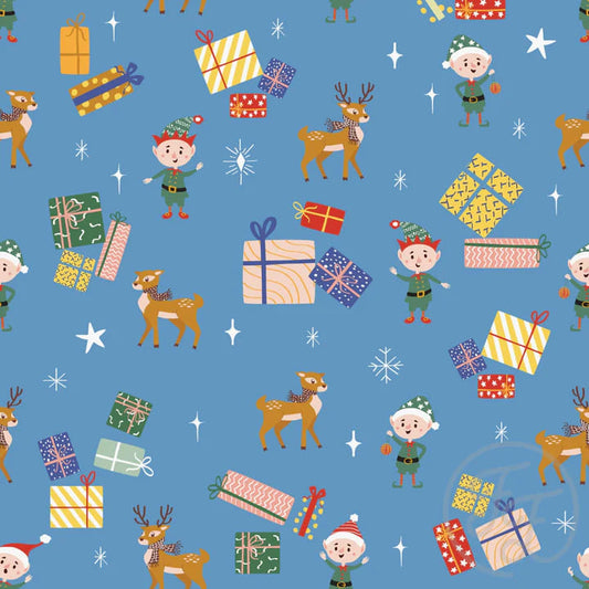 Elves, Presents and Reindeers In Celestial Blue