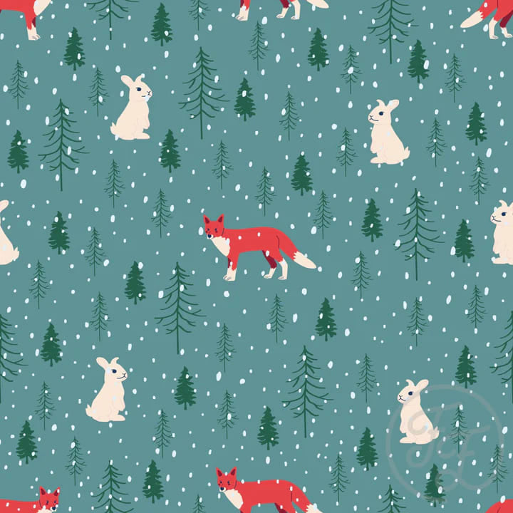 Fox and Rabbit In Teal Organic Jersey Knit