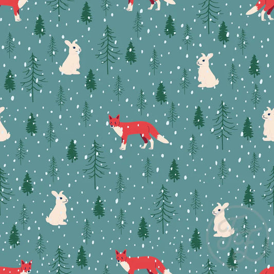 Fox and Rabbit In Teal Organic Jersey Knit