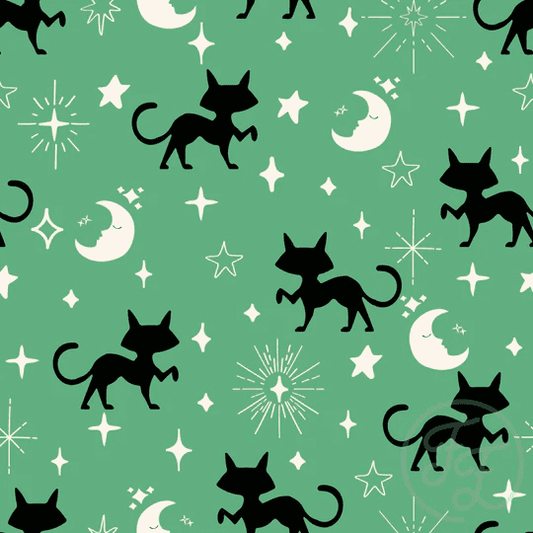Black Cats Moon And Stars In Dusty Green