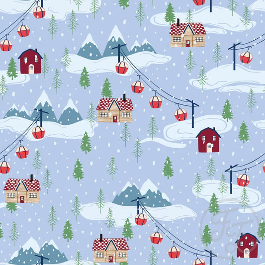 Snowy Mountains, Cable Car And Trees In Light Blue Grey