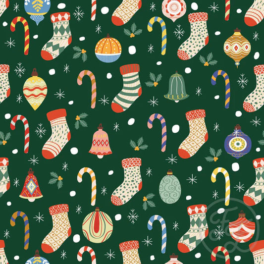 Stockings, Candies, Snow And Bells In Evergreen
