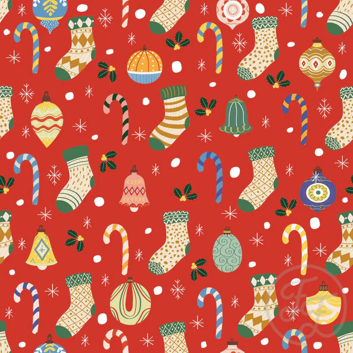 Stockings, Candies, Snow And Bells In Red