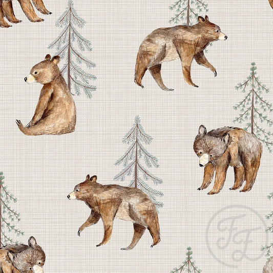 Bear And Tree Beige Organic Jersey, Family Fabrics