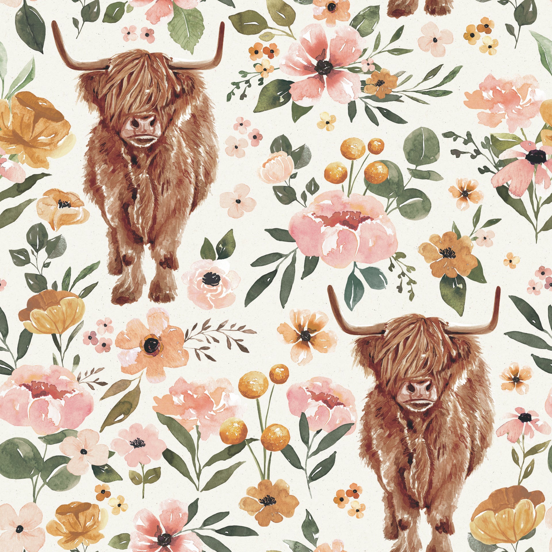 Vintage Highland Cows & Flowers 1 Fabric