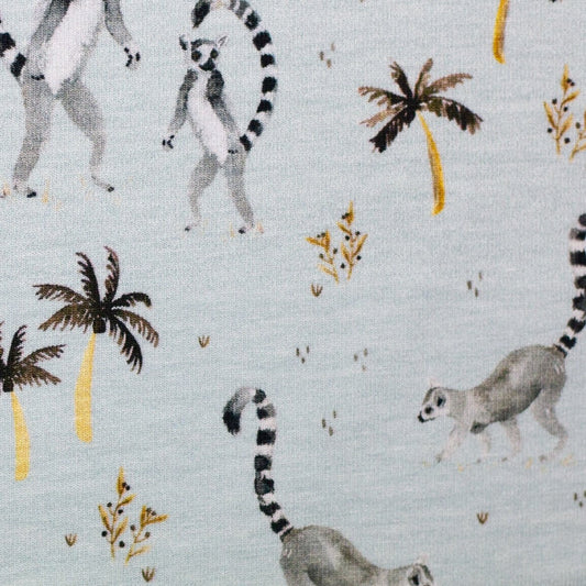 Animals by Christiane Zielinski, Cotton Jersey, Lemurs, Palms, light blue - Fabric - Bibs And Boots Fabric