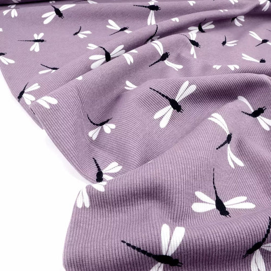 Dragonfly Dusty Lilac Rib Knit, Tygdrommar - Fabric - Bibs And Boots Fabric