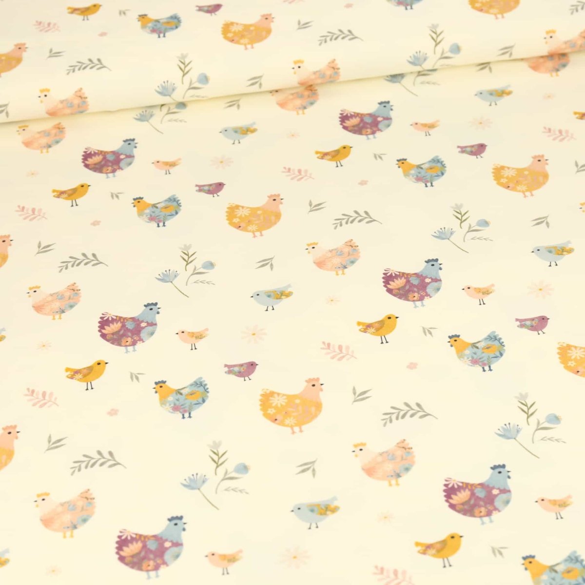 French Terry - Floral Chickens Organics - Abby And Me - Fabric - Bibs And Boots Fabric