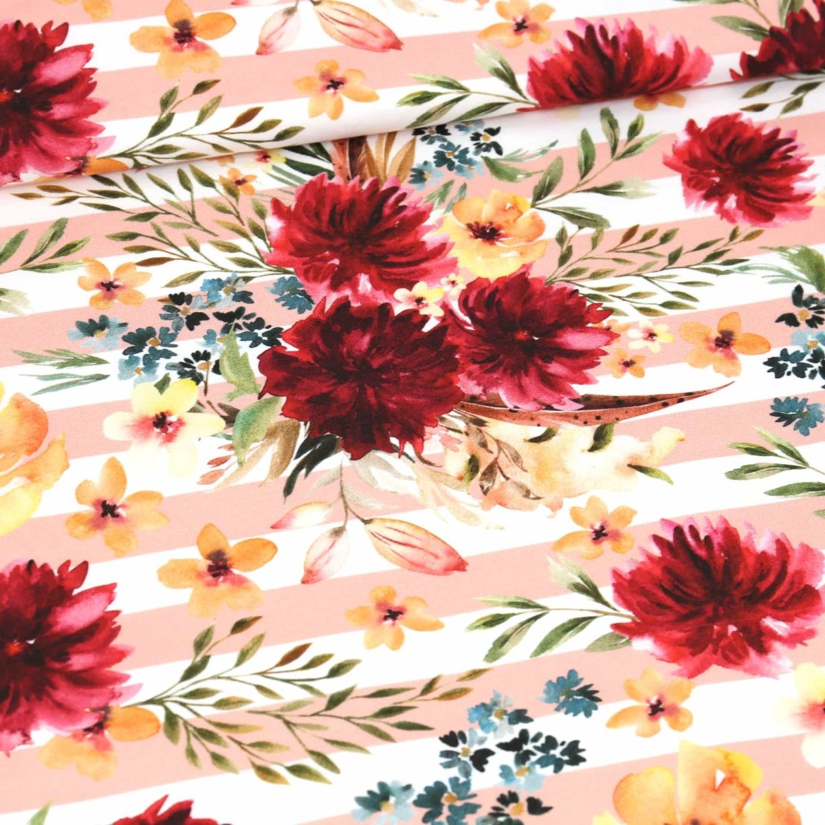 Watercolor Flowers And Stripes - Salmon Pink, Organic French Terry from Abby and Me - Fabric - Bibs And Boots Fabric